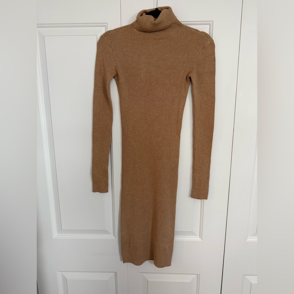 Express Midi Tan Long Sleeve Ribbed Sweater Dress
